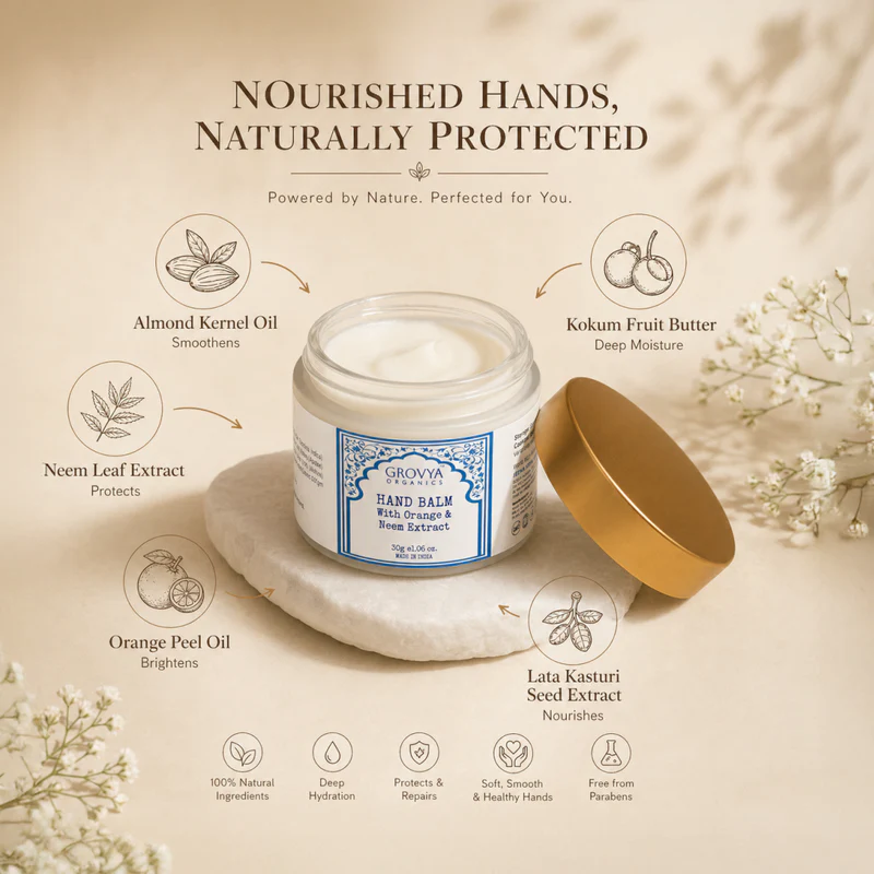 Hand Balm with Orange & Neem Extract | Ayurvedic Hand Cream with Aloe Vera, Almond Oil, & Honey | Moisturising Hand Care for Soft, Smooth & Nourished Skin - Image 3