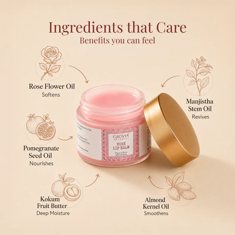 Rose Lip Balm | Ayurvedic Herbal Lip Care with Almond Oil, Kokum Butter & Rose Extract | Botanical Lip Balm with Pomegranate, Carrot & Sesame Oils | Daily Lip Care - Image 5
